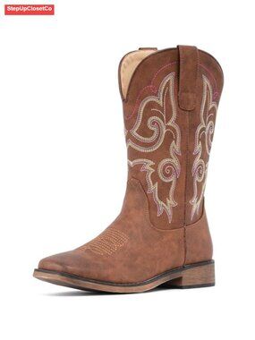 Mid Calf Western Cowboy Boots Square Toe Faux Leather